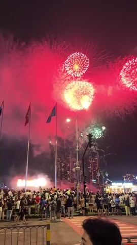 This vertical video captures a vibrant fireworks display at night. The sky is illuminated by large bursts of red and pink fireworks, interspersed with smaller green fireworks. In the foreground, a large crowd of people stands watching the spectacle. They are gathered on what appears to be a wide street or promenade, with a crosswalk visible.

Two flags are prominently displayed on poles to the left of the frame: a red flag with a yellow star (likely the Vietnamese flag) and a blue flag with a yellow emblem. Behind the crowd and fireworks, a cityscape with tall buildings, some lit up, is visible against the dark night sky. Streetlights and traffic signals are also present, indicating an urban setting.

The overall atmosphere is festive and celebratory, with many people facing the sky, suggesting excitement and awe. The time of day is clearly night, and the weather appears clear, allowing for unobstructed viewing of the fireworks. The presence of multiple flags and the cityscape suggest this is a public event in a populated area, possibly a national holiday or celebration. A sign with Vietnamese text is partially visible in the background, confirming the location context of Thủ Đức, Vietnam. The video has a slight handheld feel, common for personal recordings of events.