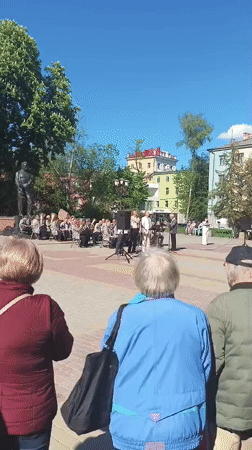 Brass band performs for crowds in Ternopil town square
