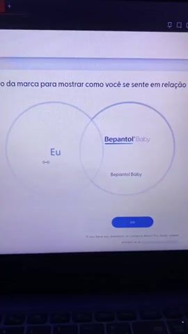 A screenshot of a laptop screen displays a survey question presented in Portuguese. The question asks the user to use the brand to show how they feel about Bepantol Baby. Two overlapping circles are shown, one labeled "Eu" (I/Me) and the other "Bepantol Baby". The overlapping section is empty. Below the circles, a blue button with two right arrows is visible, suggesting the next step in the survey. The text "If you have any questions or concerns about this study, please contact us at support@brandstudy.com" is also present at the bottom of the screen.