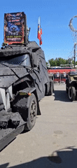 Soviet-themed vintage vehicle display documented in public square