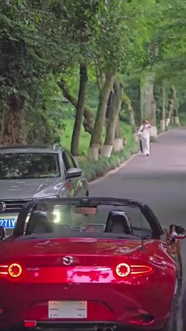 A red convertible Mazda is parked on a tree-lined road. To the left of the convertible, a silver SUV is parked. In the distance, a person in white is walking up the road away from the camera, followed by another person in white. The road is paved and curves to the right. Trees with white-painted trunks line the left side of the road, and lush green foliage fills the background. The convertible's brake lights are illuminated.