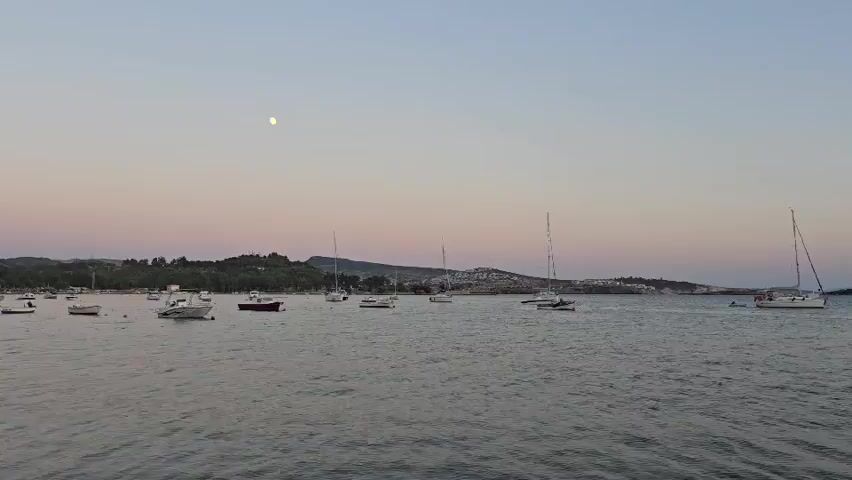 This video shows a wide shot of a bay with numerous sailboats and small boats anchored in the water. The sky is a pale pink and purple, suggesting either sunrise or sunset. The moon is visible in the upper left quadrant of the screen. The shoreline in the background has trees and buildings. The water is calm and reflects the colors of the sky.