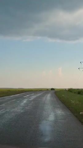 A wet asphalt road stretches towards the horizon under a cloudy sky. On the right side of the road, green grass and trees line the verge, with utility poles visible in the distance. On the left, a field of yellow crops extends to the horizon. A white car is visible driving away from the camera on the road. The road appears to be slightly damp, suggesting recent rain. The overall scene depicts a rural landscape on a cloudy day.