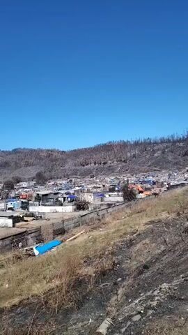 The video shows a view of a community in front of a burned hillside under a blue sky. The community appears to be a mix of established homes and temporary structures with blue tarps visible. The hillside shows extensive damage from a fire, with the trees appearing charred. In the foreground, the ground is dry and bare with visible signs of burning.  A fence partially obscures the view of the settlement. The camera moves slightly.