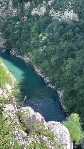 A stunning aerial view captures a deep gorge with a vibrant turquoise river flowing through it. The river, which appears clear and calm, transitions from a lighter, almost glowing hue to a deeper blue as it curves through the landscape. The steep sides of the gorge are densely covered with lush green trees, indicating a forested environment. Rocky cliff faces are visible on both sides of the river, with some sparse vegetation clinging to the rocks in the foreground. The sunlight illuminates the scene, highlighting the rich colors of the water and foliage. The camera slowly pans right, revealing more of the majestic canyon. This natural landscape is located in Vlahovići, Montenegro. No people or text are visible.