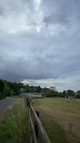 The video shows a rural scene with a wooden fence in the foreground. Beyond the fence is a dry, grassy field with several animals, likely cows or horses, grazing. In the background, there are trees, buildings, and a cloudy sky. The lighting suggests it might be late afternoon or early evening, with overcast conditions. The camera is stationary and pans slightly to the right.