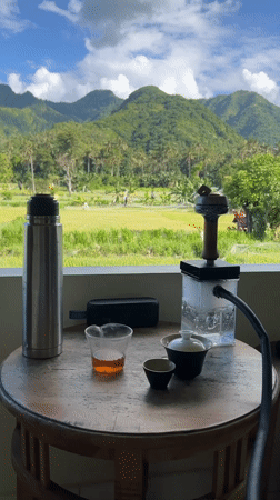 Morning rice paddy views captured during breakfast in Abang