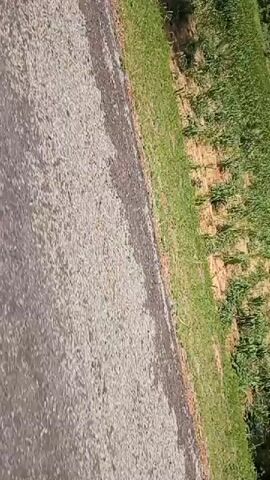 A low-angle, shaky, first-person perspective video shows a paved road with a grassy area and trees on the right. The road surface is uneven and appears wet or muddy in some areas. A car wheel with a chrome rim is visible on the left side of the frame. The camera pans and moves, giving a sense of motion.