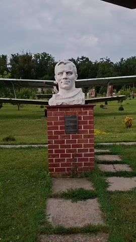 The video shows a bust of Yuri Gagarin on a brick pedestal. The bust is white and appears to be made of stone or plaster. It is located outdoors in a grassy area with trees and what appears to be an airplane in the background. A plaque is attached to the pedestal, but the text is not legible. The video is shot from a slight distance, allowing for a clear view of the bust and its surroundings.