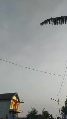 The video shows a two-story house with a gray facade and a dark roof, situated on a slight incline next to a paved road. The house has several windows, some of which are illuminated with a warm yellow light. In front of the house, there are two motorcycles parked, and a few people are standing or walking around the area. A street lamp is visible on the right side of the road, and power lines stretch across the sky. The sky is a pale, overcast gray, suggesting it might be dawn or dusk. There are some plants and vegetation surrounding the house and along the roadside. The overall impression is a quiet, somewhat rural setting.