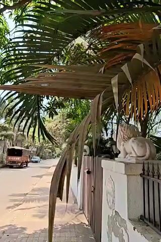 The video shows a white lion statue sitting atop a pillar, next to a black lantern. Below the statue is a blue and white tile which reads "Bungalow 184". The scene is framed by green, leafy trees and a gray and white fence. A sidewalk is visible in the lower left. The video appears to be shot from a moving perspective.