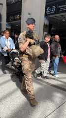 Armed soldier patrols busy Paris transit hub during morning rush