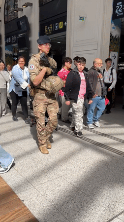 Armed soldier patrols busy Paris transit hub during morning rush