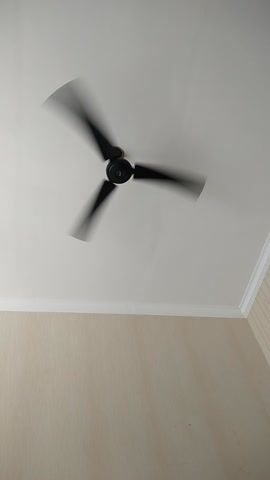 This media file captures a shot of a ceiling fan in motion, its black blades blurred by the speed of rotation. The fan is mounted on a white ceiling, with a textured, cream-colored wall visible on the right side of the frame. A decorative molding runs along the corner where the ceiling meets the wall, suggesting an indoor setting. The lighting appears to be artificial or diffused daylight, as there are no strong shadows. The shot is taken from a low angle, looking upwards at the fan. There is no visible text in the media file. The scene is static and focuses solely on the mechanical action of the fan.