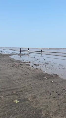 The video shows a wide shot of a beach in Douala VI, Cameroon, under a clear, blue sky. The foreground features dark, wet sand with some debris scattered across it. In the shallow water closer to the viewer, two women are visible. One woman wears a purple patterned skirt and a dark top, standing still. Beside her, another woman in white shorts and a dark top holds a smartphone, appearing to take photos or videos of the scene. Further out in the water, a third person is seen bending over. Small waves are visible in the distance, indicating the open sea. The overall setting is a sunny day at a sandy and somewhat muddy beach.