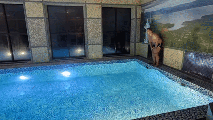 Man enjoys swimming and sauna at Russian resort facility