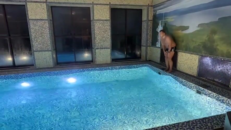 Man enjoys swimming and sauna at Russian resort facility