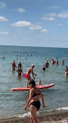 Crowded late-summer beach day in Arkhipo-Osipovka, Russia