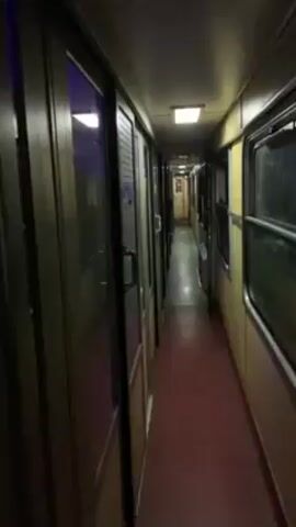 The video appears to be a shaky first-person view from inside the corridor of a train. The walls of the train are painted with a combination of yellow and brown colors. Windows line one side of the corridor. The floor is covered in red material. The video shows movement through the corridor. There are doorways at the end of the corridor, painted in orange. The lighting is fluorescent, except for a brief flash of blue and purple lighting.