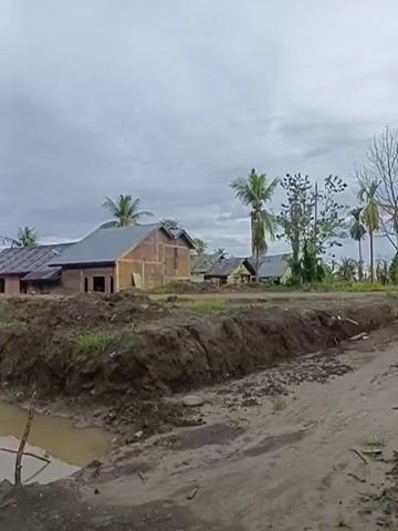 The video displays an outdoor scene under a cloudy sky, depicting a rural or semi-rural environment with several houses. A dirt road runs through the foreground, with a trench or eroded ditch on the left side, containing some muddy water and debris. To the left of the road, a house appears to be under construction, with exposed wooden framing and a roof. Further into the background, several other houses are visible, some with corrugated metal roofs and wooden walls, others with what appears to be concrete construction. There are palm trees and other vegetation scattered throughout the scene, some of which appear dry or damaged. The ground is uneven and muddy in places, suggesting recent rain or flooding. The overall impression is one of a somewhat underdeveloped or recently disturbed area, possibly affected by natural events. No people are visible in the video. The camera appears to be mounted on a moving object, likely a vehicle, as the perspective shifts and pans across the scene.