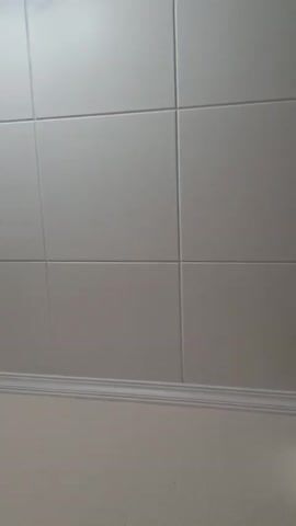 The video displays an interior wall composed of light-colored, square tiles arranged in a grid pattern. Below the tiled section, there is a white or light-colored decorative molding, beneath which the wall is painted a slightly lighter shade. At approximately 0:02, a human hand enters the frame from the bottom, extending a middle finger upwards in a gesture commonly understood as a sign of defiance or insult. The hand's fingernails are painted a light, neutral color. The hand then retracts from the frame. No other subjects or activities are visible. No text is present.