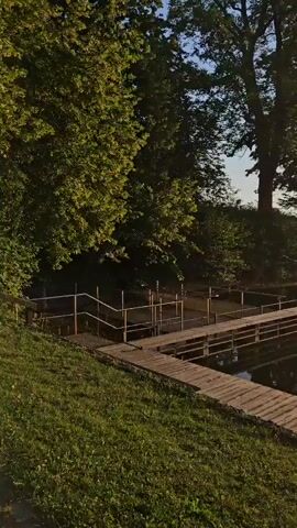 The video shows a serene lake at sunrise or sunset. A wooden boardwalk extends into the water, with metal railings along the sides. Lush green trees and vegetation surround the lake. The sun is low in the sky, casting a warm glow over the scene and reflecting on the water's surface. The water appears calm and still. There are no people or animals visible in the video.