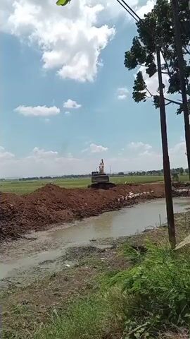 A yellow excavator is actively digging and moving dirt on the bank of a muddy waterway under a partly cloudy blue sky. The excavator is positioned on a large mound of reddish-brown dirt that it has created. The waterway appears to be shallow and filled with murky water, with some debris visible along its edges. To the right of the frame, two tall, dark poles with wires strung between them stand prominently. Green foliage and grass are visible along the lower edge of the frame, with more distant green fields and trees in the background. The overall scene suggests ongoing construction or land-clearing work in a rural or semi-rural setting.
