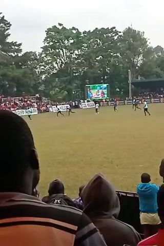 The video shows a soccer game in progress. Several players are on the field, wearing blue and white jerseys. The field is surrounded by a crowd of spectators in the stands, many wearing red. A large screen displays the game in real-time, and there is advertising on banners along the sidelines. The camera is positioned behind a spectator, showing the back of their head. Trees surround the field, and the sky appears overcast. The game action is focused near one of the goals.