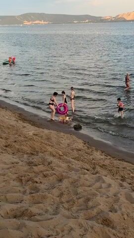A group of people are at the beach. Some are in the water, some are on the sand. There is a dog on a leash walking on the sand near the water's edge. One person is holding a pink inflatable ring. In the background, there is a large body of water and a distant shore with hills or mountains. The sky is visible, and the lighting suggests it is either early morning or late afternoon.