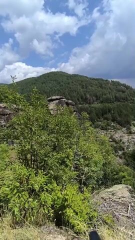 The video pans across a lush green mountainous landscape on a cloudy day. The foreground features rocks and vegetation, including bushes and trees. The camera moves to reveal a valley filled with dense green trees that cover the slopes of the mountains. The sky above is partly cloudy with dramatic, dark clouds suggesting potential rain. The overall scene depicts a wild, natural environment.