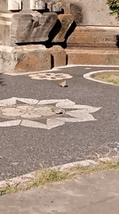 Grey birds on a patterned walkway near stone structures, Bali