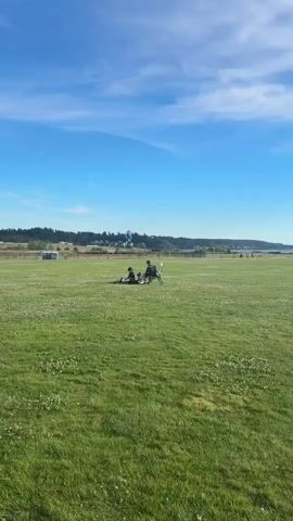 A wide shot of a grassy field with a clear blue sky above. In the foreground, a person sits in a camping chair, facing away from the camera. To their left, two children are sitting on a blanket. A kite with pink, blue, and purple colors is flying in the sky. The background features trees and some buildings.