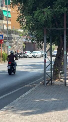 A person rides a scooter down a paved road. The scooter is moving away from the camera. The road has a white line marking the bike lane. To the right of the road is a sidewalk and a large tree. To the left of the road, there are parked motorcycles and cars. In the background, there are buildings. The weather appears to be sunny.