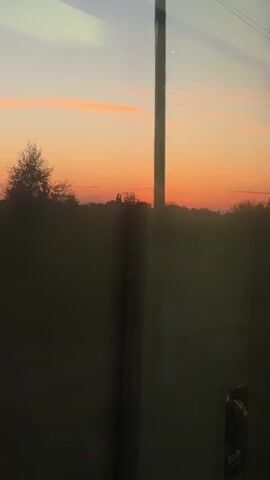 The video shows a view from a train window at sunset. The sky is a gradient of orange and pink, with thin clouds. The horizon is lined with trees and a silhouetted structure that may be a building or tower. The interior of the train is reflected in the window, showing gray panels and door handles, as well as a bright overhead light. The landscape outside appears to be a field or open country. The train is moving, indicated by the slight blur of the landscape.
