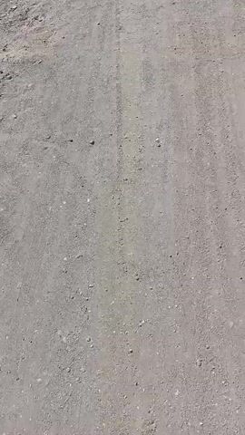 A POV shot captures a dirt road from a low angle. The road is gray and dusty, with small pebbles and tire tracks visible. The camera moves forward, showing a stick lying on the road. To the left, dry brush and some shadows are visible.