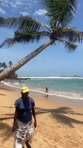 The video pans across a sandy beach with palm trees. In the foreground, a woman wearing a blue t-shirt and a yellow cap stands facing away from the camera. Behind her, the ocean waves crash on the shore, and several people are visible in the water and on the beach. A large palm tree leans over the beach from the left side of the frame, casting shadows on the sand. The sky is blue with scattered white clouds.
