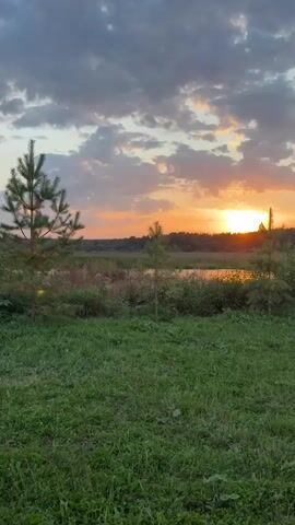 The video shows a sunset over a body of water, with trees and grass in the foreground. The sky is filled with clouds, some of which are illuminated by the setting sun. The sun itself is visible as a bright orb on the horizon, casting a warm glow over the landscape. The water reflects the colors of the sky, creating a beautiful and serene scene. The grass in the foreground is green and lush, and the trees are silhouetted against the colorful sky. There are no people or animals visible in the video. The overall impression is one of peace and tranquility.