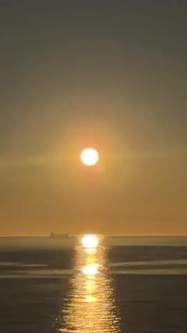 The video shows a sunset over the ocean. The sun is a bright, glowing orb in the center of the frame, casting a golden reflection on the water. The sea is calm with gentle waves. A ship is visible on the horizon, silhouetted against the sunset. The sky is a warm gradient of orange and yellow.