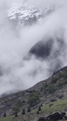 Foggy morning in Gemur's mountain village, noodles and prayer flags