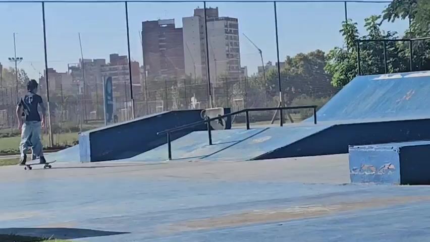 The video shows two people skateboarding at a skatepark. The skatepark is blue with various ramps and rails. In the background, there is a cityscape and a chain-link fence. The first skateboarder is wearing a black shirt and camouflage pants. The second skateboarder is wearing a black shirt and jeans. They are both riding on skateboards. The skateboarder in the camouflage pants watches the other skateboarder ride down a ramp. The day appears sunny.