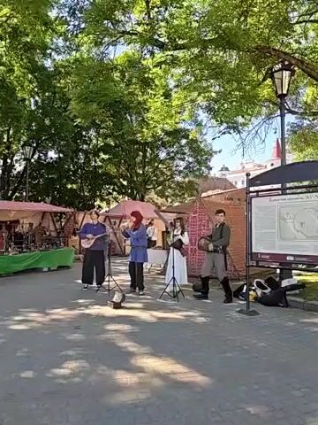 The video shows a sunny outdoor scene with a group of four people performing music in what appears to be a park or public square. The people are dressed in what looks like historical or traditional clothing. From left to right, the first person is playing a stringed instrument that resembles a lute. The second person is holding a wind instrument to their mouth and wearing a red headscarf. The third person is also holding a wind instrument and wearing a white dress. The fourth person is holding a drum and wearing a military-style uniform. There are microphones and music stands set up for the performers. Behind them, there are market stalls with goods displayed. Tall trees provide shade, and a lamppost is visible. A large informational board with text and maps is also present. The ground is paved, and the overall atmosphere suggests a cultural event or festival. The video is taken from a slightly low angle, capturing the performers and their surroundings.