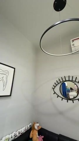 The video shows a dimly lit room with light grey walls. In the center of the frame, a large, circular pendant light hangs from the ceiling. Below it, on the wall, is a decorative mirror shaped like an eye with prominent eyelashes. A dark, sectional couch is visible in the lower part of the frame, adorned with several stuffed animals, including a brown bear and a pink pig. To the left, a framed picture hangs on the wall. An air conditioning unit is mounted high on the wall to the right. The scene appears to be a child's room or a playroom, judging by the stuffed animals and the overall decor. There is a faint shadow cast by the pendant light on the wall, creating a soft, circular halo effect. The mirror reflects a glimpse of what appears to be shelves filled with books or toys, and a person's head and shoulders. The lighting is subdued, with the primary light source being the pendant lamp.