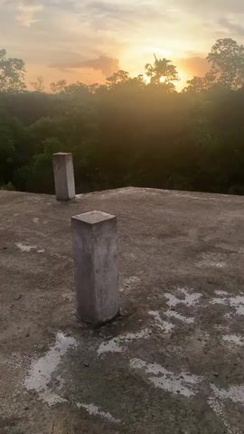 The video captures a sunrise over a lush, green forest. The foreground shows a flat, concrete surface with two rectangular concrete pillars. One pillar is closer to the camera, and the other is further back. The concrete surface appears somewhat worn, with some damp patches. In the background, the sun is rising, casting a warm, golden light through the trees. The sky is a mix of orange, yellow, and grey clouds. The tops of trees and palm trees are silhouetted against the sky. Further in the distance, parts of red-tiled roofs are visible, suggesting the presence of buildings within or near the forest. The overall atmosphere is serene and natural, with the rising sun creating a picturesque scene.