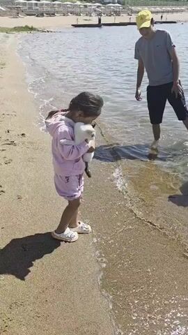A young girl in a pink hoodie and shorts stands on a sandy beach holding a small white and black kitten. The girl is facing away from the camera and looking down at the kitten. Behind her, in the shallow water, stand two men. One man is wearing a grey t-shirt and a yellow baseball cap. The other man is wearing a white collared shirt and dark shorts. The water is clear and calm, with small waves lapping at the shore. In the background, there are some buildings and umbrellas on the beach. The sky is bright and sunny.