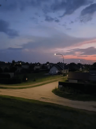 Summer twilight over Tczew streets, birds and streetlights.