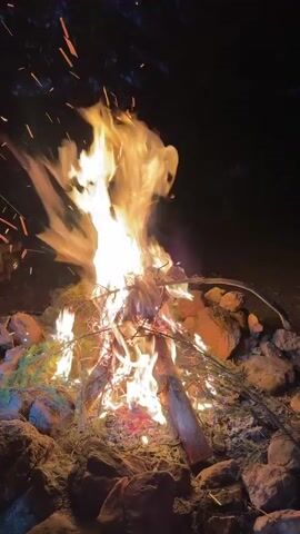 A campfire burns brightly in a dark, outdoor setting. The flames are tall and a vibrant orange and yellow, with sparks flying upwards. The fire is surrounded by rocks, which form a rough circle. Some green branches are visible amongst the burning wood. The background is dark, suggesting it is nighttime or a very shaded area.