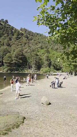 The video depicts a picturesque lakeside scene on a bright, sunny day. A cluster of people, including adults and children, are congregated along the water's edge. Some are wading into the shallow water, while others stroll along the shoreline. A blue and gray tent sits on the sandy shore near the water. The background is dominated by a lush, green hillside covered in trees, lending a sense of natural beauty to the location. The sky is a clear blue, complementing the vibrant greenery.