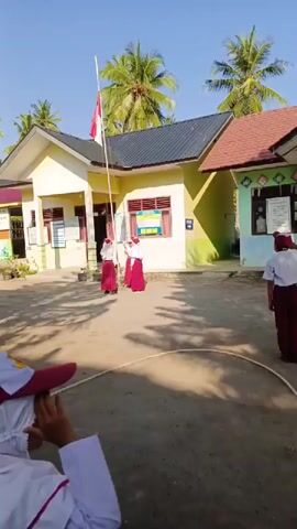 The video shows children raising the Indonesian flag during a flag raising ceremony outside a school. Two girls, dressed in red skirts and white shirts, stand near the flag pole. One is pulling the rope to hoist the flag. Another student stands to the side saluting. The school is painted in yellow and green. There are palm trees in the background. A white line is painted on the ground. The sky is blue.