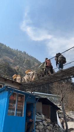 Trekkers cross suspension bridges over glacial rivers in Khumjung