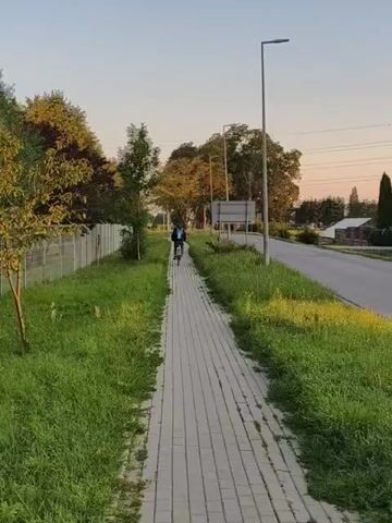 The video opens with a view of a paved sidewalk and a grassy area beside it. A person on a bicycle is seen riding away from the camera on the sidewalk. Further down the road, a street light stands tall. Beyond the sidewalk and road, there are houses and trees, and a large electrical tower is visible in the distance. The sun is setting, casting a warm glow over the landscape. The video then pans to show more houses with fences and vegetation. The final frames capture a picturesque sunset with the sun peeking through trees, illuminating the sky with shades of orange and yellow, and casting long shadows on the grass. The road in the foreground shows signs of wear and tear.